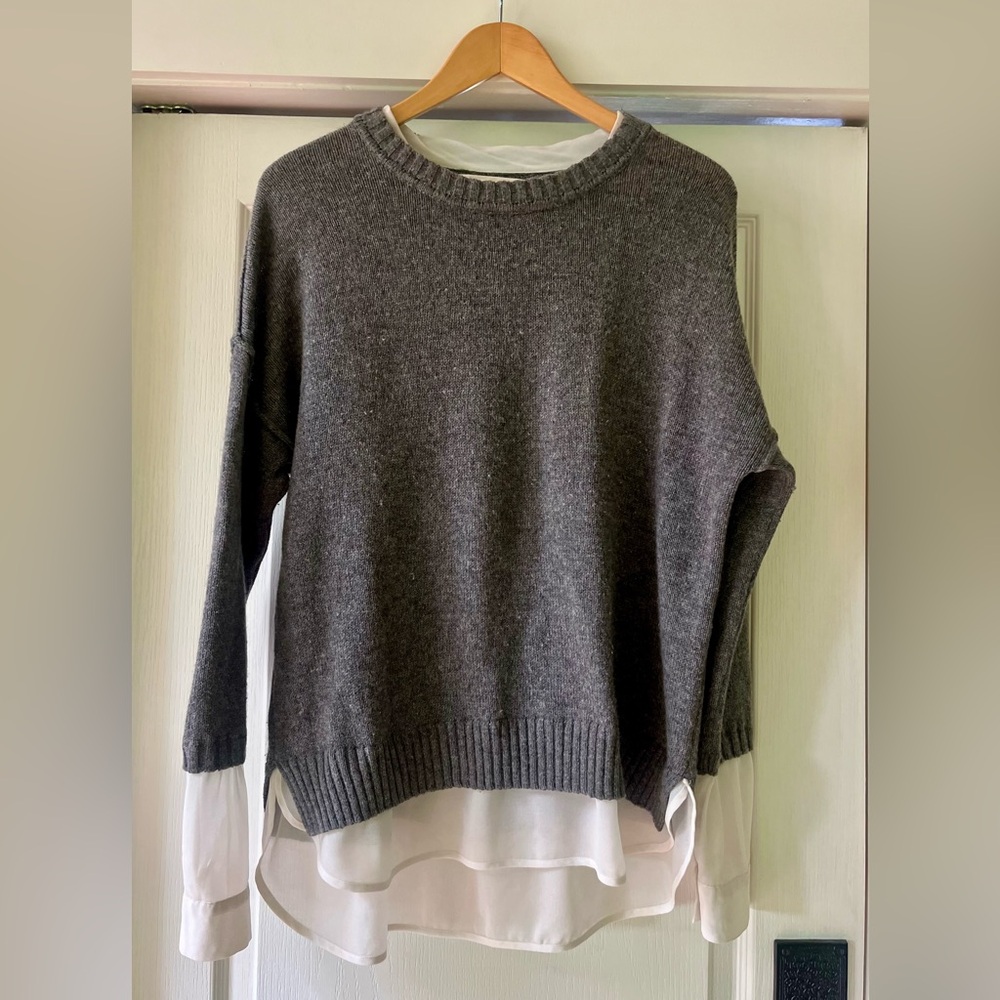 BROCHU WALKER Charcoal Gray Layered Cashmere/Wool crewneck Sweater (Size L) $388
